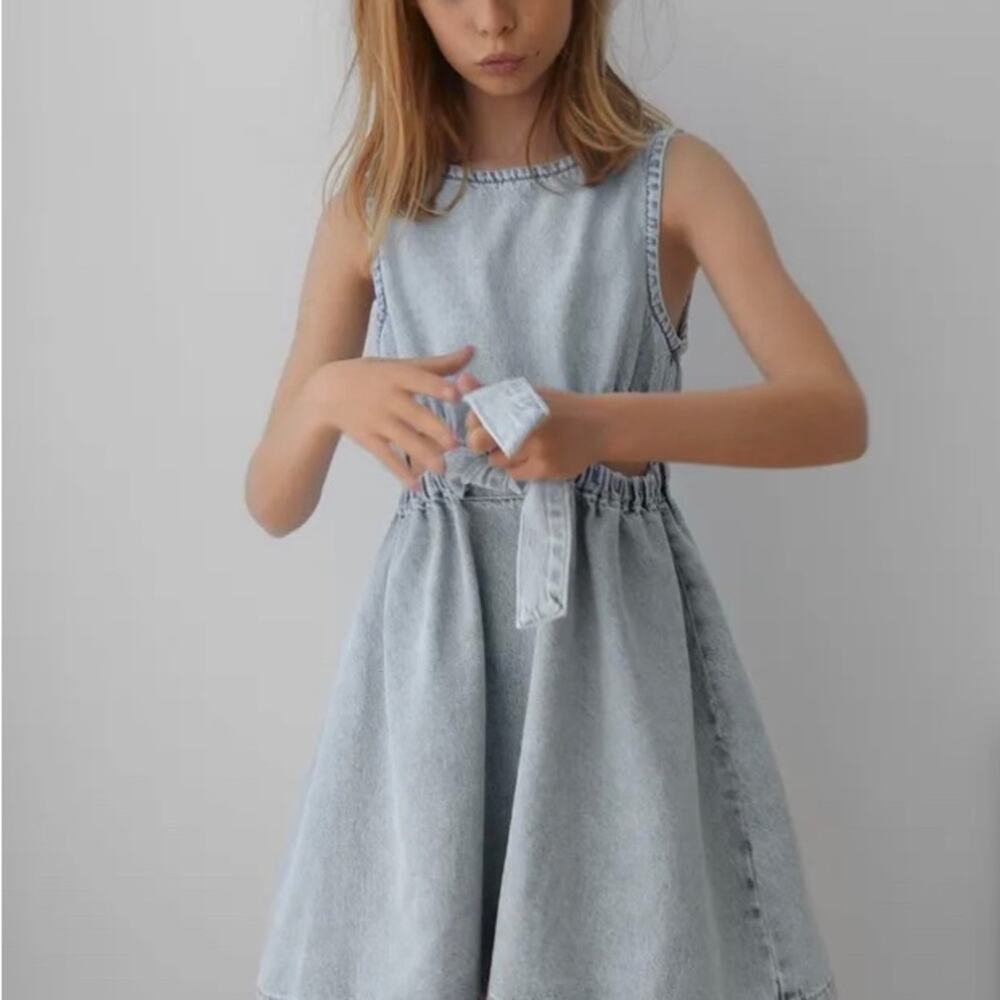 Zara Girls Acid Denim Dress Blue Size 9 with Tie & Slits